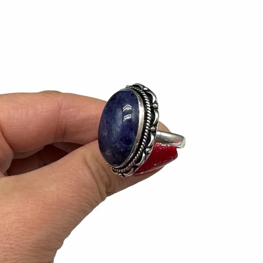 Sodalite Ring Size 10.5 925 Sterling Silver Overlay Oval Stone